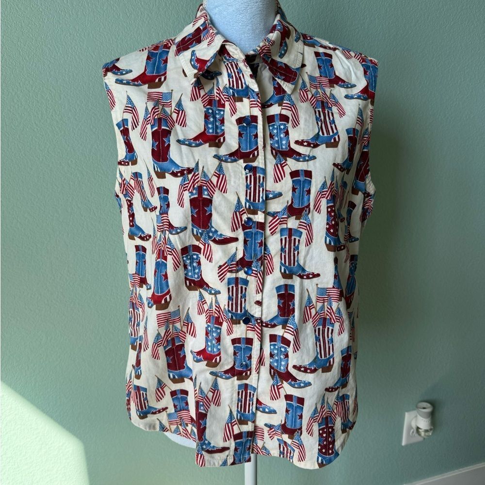 Hand Crafted Red, Blue & Cream Sleeveless Button Front Western Boot Print Shirt